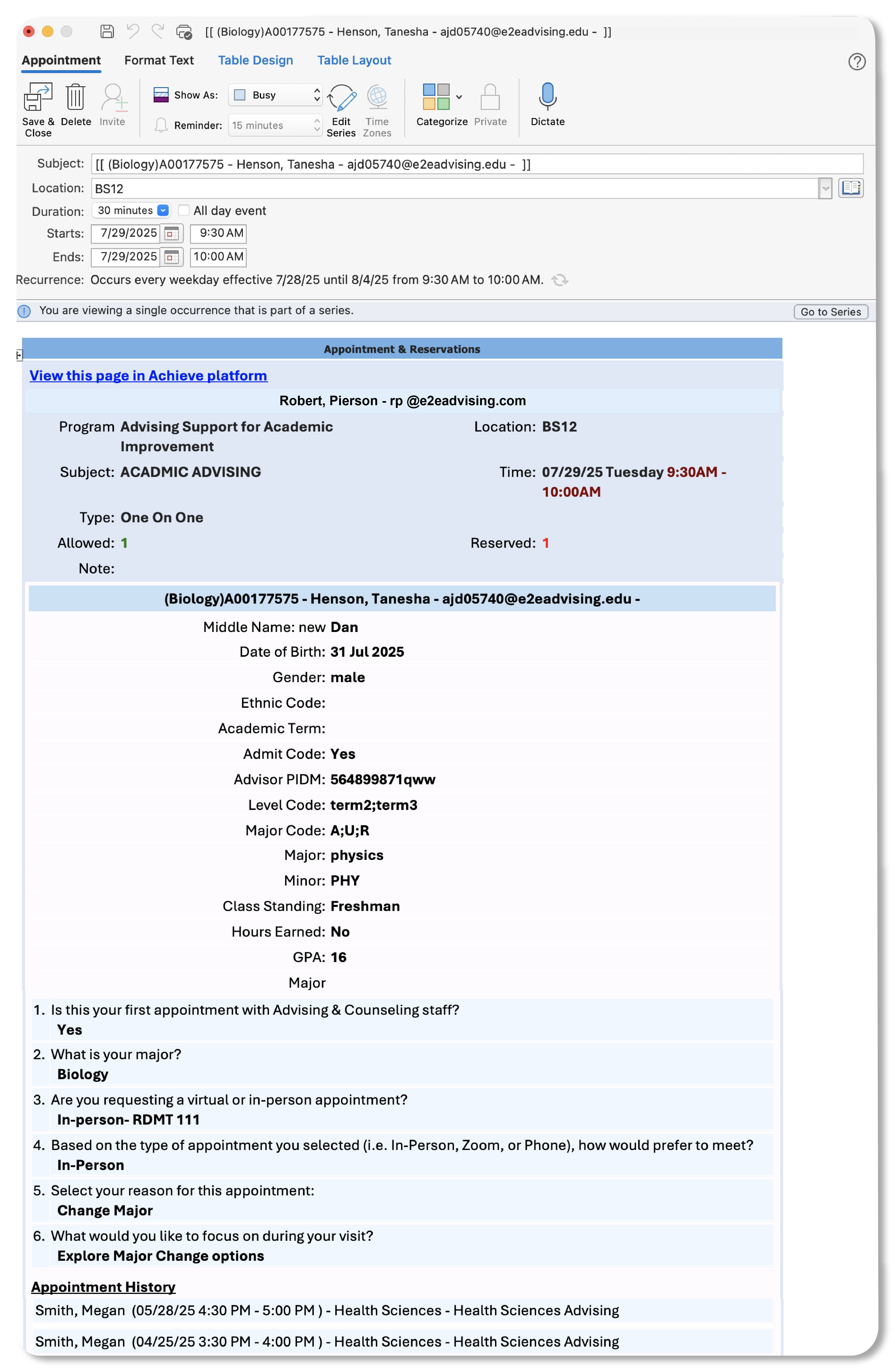 advisor appointment after booking